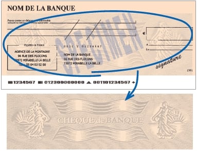 Filigrane du chèque de banque avec flammes rayées et deux semeuses 