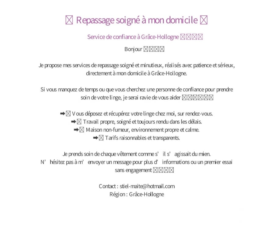Autres services Bierset - Photos Vivastreet ✨ Repassage soigné à domicile – Grâce-Hollogne ✨