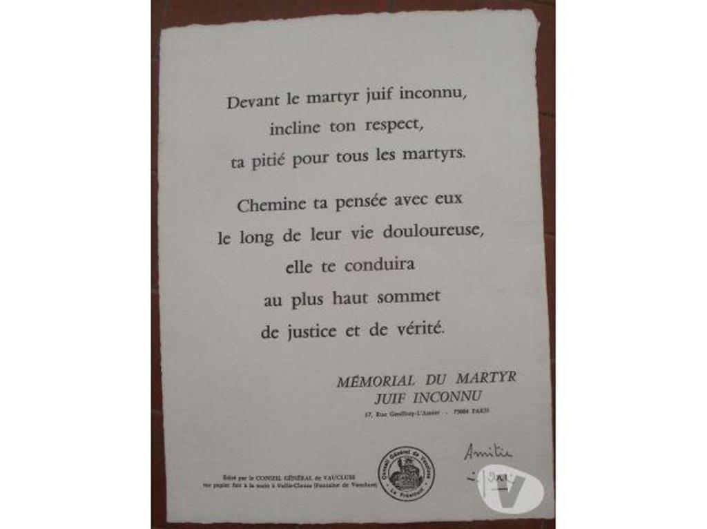 Décoration - art Tarn-et-Garonne Montauban - 82000 - Photos Vivastreet Gravure reprenant le texte : MEMORIAL DU MARTYR JUIF INCONNU