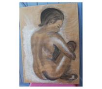 Tableau signé femme nue sur papier kraft 39 cm x 54 cm