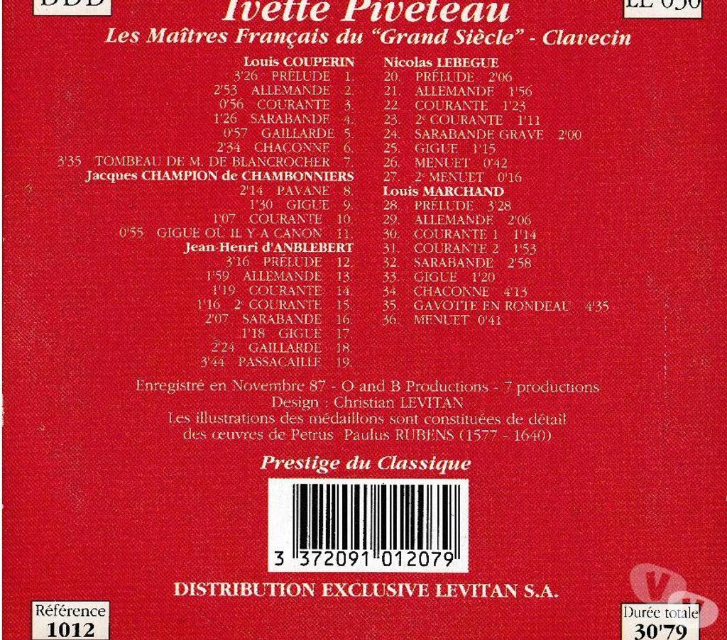 CDs Hauts-de-Seine Antony - 92160 - Photos Vivastreet CD Ivètte Piveteau Clavecin Maîtres Français