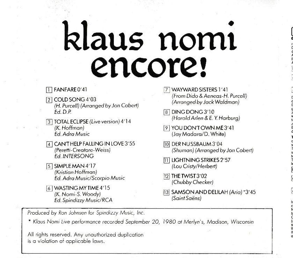 CDs Hauts-de-Seine Antony - 92160 - Photos Vivastreet CD Klaus Nomi - Encore (Nomi's Best)