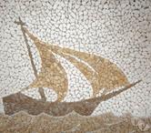 Travertin Mixte Tableau Bateau Mosaïque 92x66cm REF 801