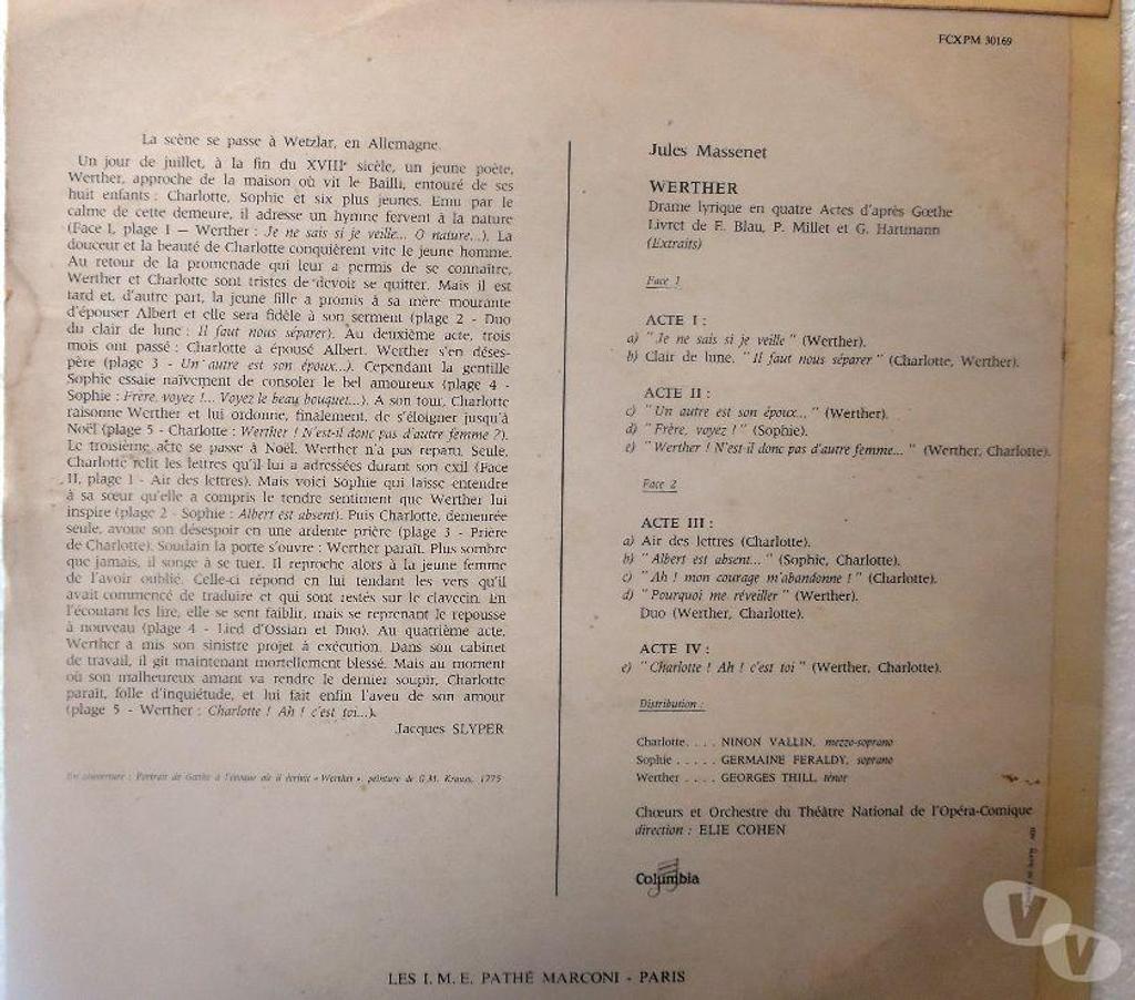 DVD occasion Hérault Castries - 34160 - Photos Vivastreet WERTHER Disque vinyle 33 Tours Drame lyrique en quatre acte