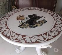 Plateau De Table En Marbre Incrusté Socle 3 Lions
