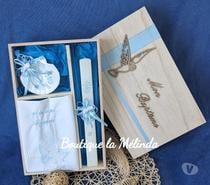 BAPTEME : Boite en bois kit Bougie + Serviette + Coupelle