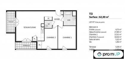 Achat appartement Laval Mayenne - Photos Vivastreet (V6955) Appartement sur plan de 63 m2 à LAVAL