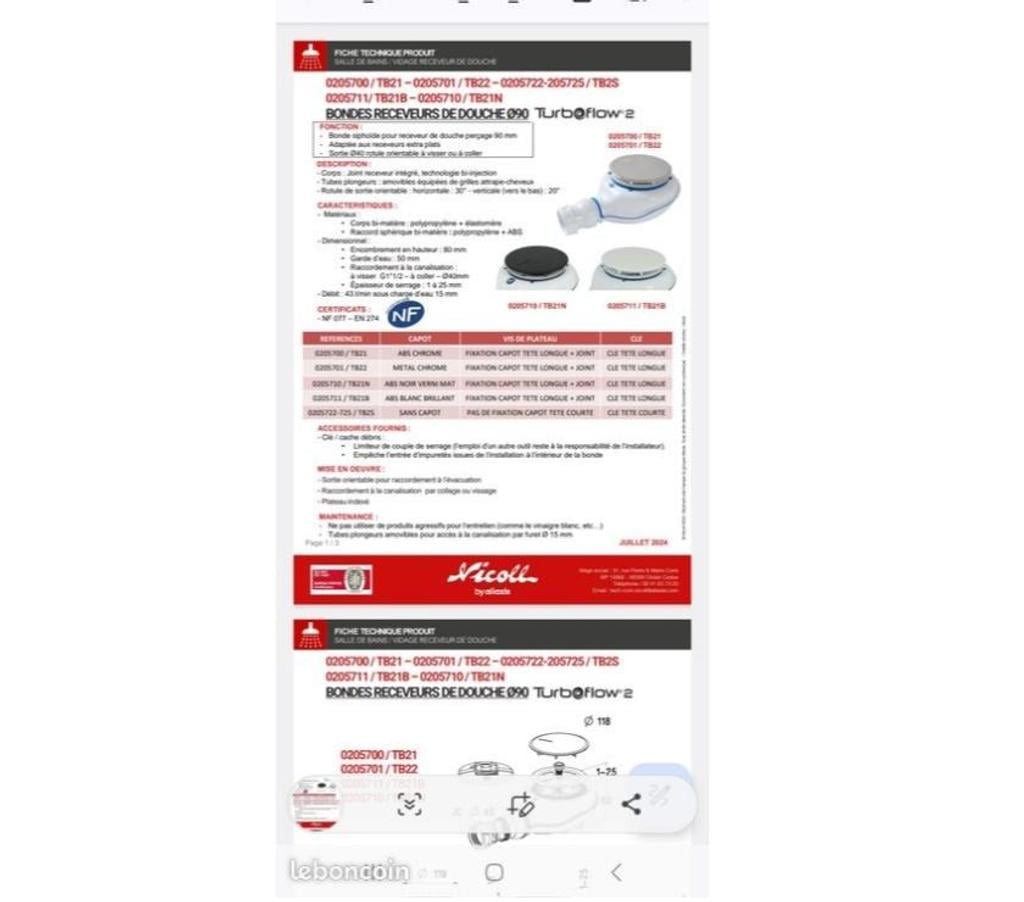  Allier Moulins - 03000 - Photos Vivastreet Bonde de douche neuve NICOLL Réf TB2S 0205722