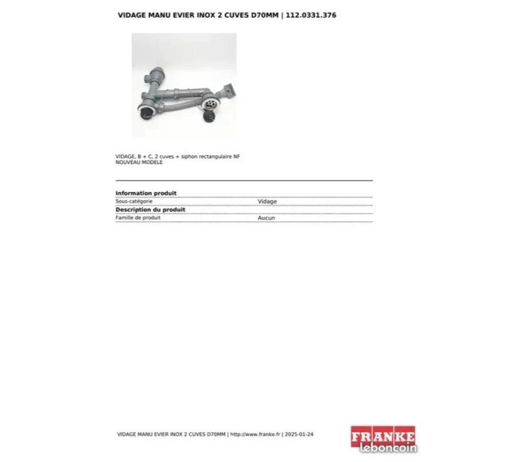  Allier Moulins - 03000 - Photos Vivastreet Vidage FRANKE neuf pour évier 2 cuves manuelles ø70 cm