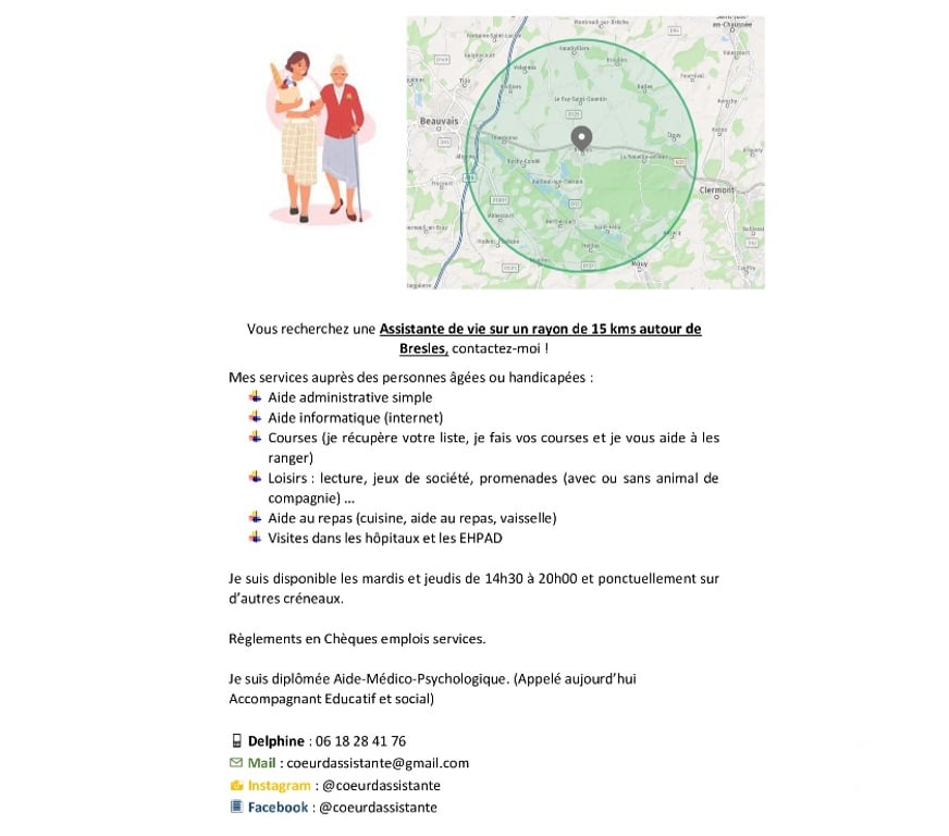 Aides à domicile Oise Bresles - 60510 - Photos Vivastreet Assistante de vie sur un rayon de 15 km autour de Bresles.