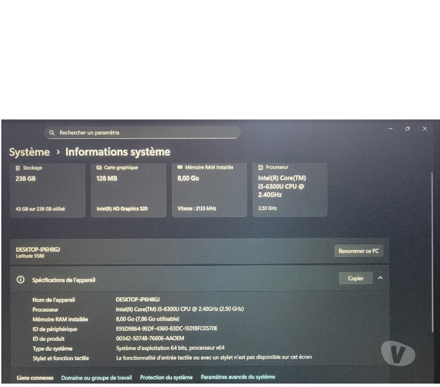 Informatique Nord Houplin Ancoisne - 59263 - Photos Vivastreet DELL Latitude E5580 i5vPro 8Go 256Go SSD Windows 11 Pro