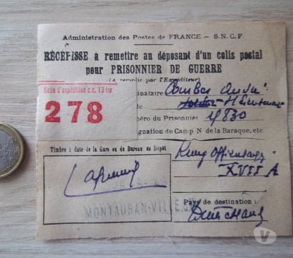 Collections Valognes Manche - Photos Vivastreet récépissé envoi colis par la SNCF prisonnier de guerre