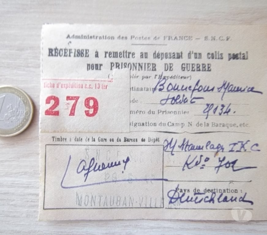 Collection Manche Valognes - 50700 - Photos Vivastreet récépissé colis prisonnier guerre 1943 document 2WW
