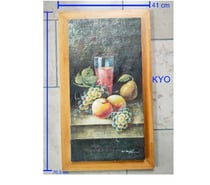 Tableau peinture toile de fruits raisin pêche poire, verre