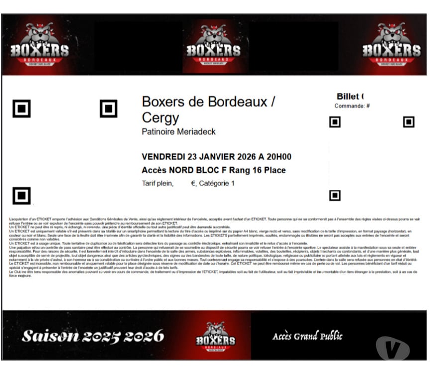 Evenements sportifs Gironde Bordeaux - Photos Vivastreet 2 places Boxers de Bordeaux vs Cergy vendredi 23 janvier