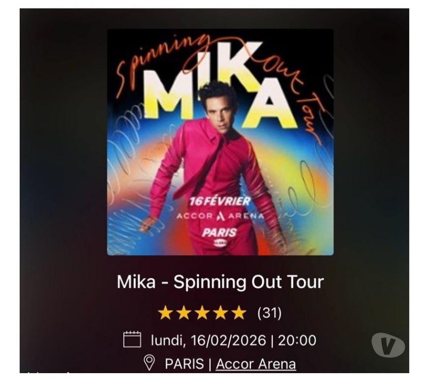 Spectacles Paris Paris 7ème ardt - 75007 - Photos Vivastreet Vends 2 billets côte a côte pour le concert de MIKA