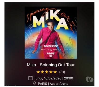 Billets spectacles Paris 7ème ardt Paris - Photos Vivastreet Vends 2 billets côte a côte pour le concert de MIKA