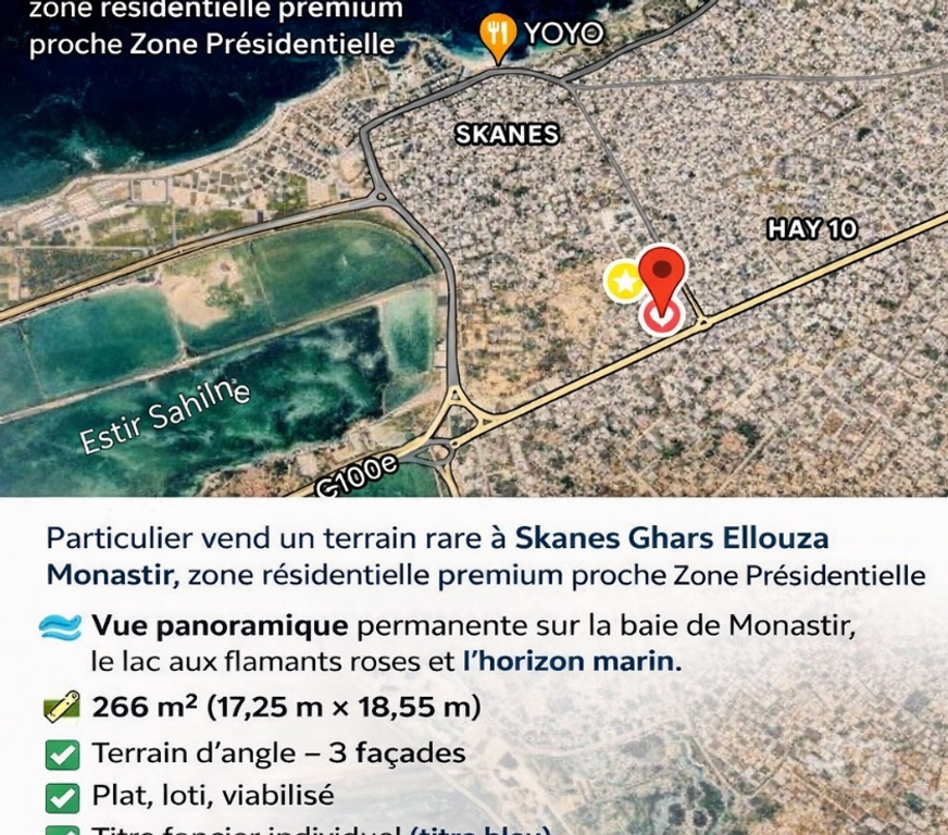 Terrain à vendre Tunisie - Photos Vivastreet Terrain d’angle vue mer et lac à Skanes Monastir TUNISIE
