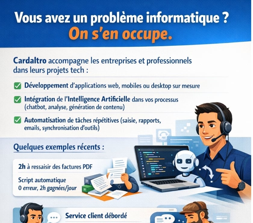 Dépannage ordi Mac / PC / portable Marseille Marseille - Photos Vivastreet Développement informatique sur mesure IA, automatisation