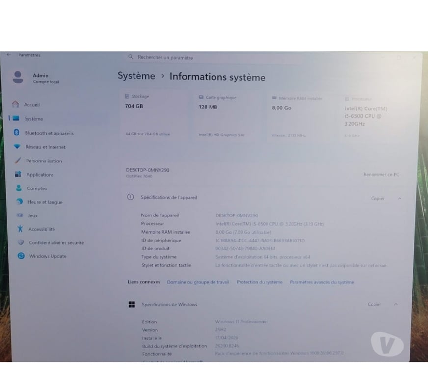 Informatique Nord Houplin Ancoisne - 59263 - Photos Vivastreet Dell OPTIPLEX 7040 i5vPro SSD 256 Go + HDD 500 Go 8 Go Win