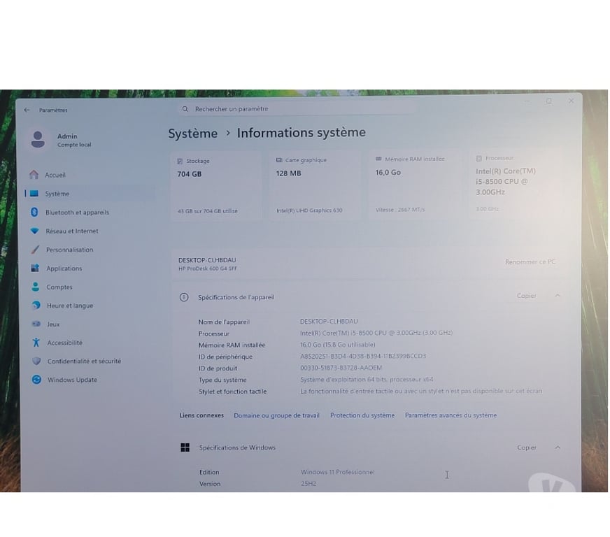 Informatique Nord Houplin Ancoisne - 59263 - Photos Vivastreet HP ProDesk 600 G4 SFF i5 SSD 256 Go + HDD 500 Go 16 Go Wi