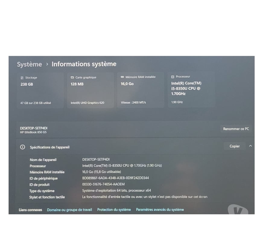 Informatique Nord Houplin Ancoisne - 59263 - Photos Vivastreet HP EliteBook 850 G5 i5 16Go 256Go SSD Windows 11 Pro