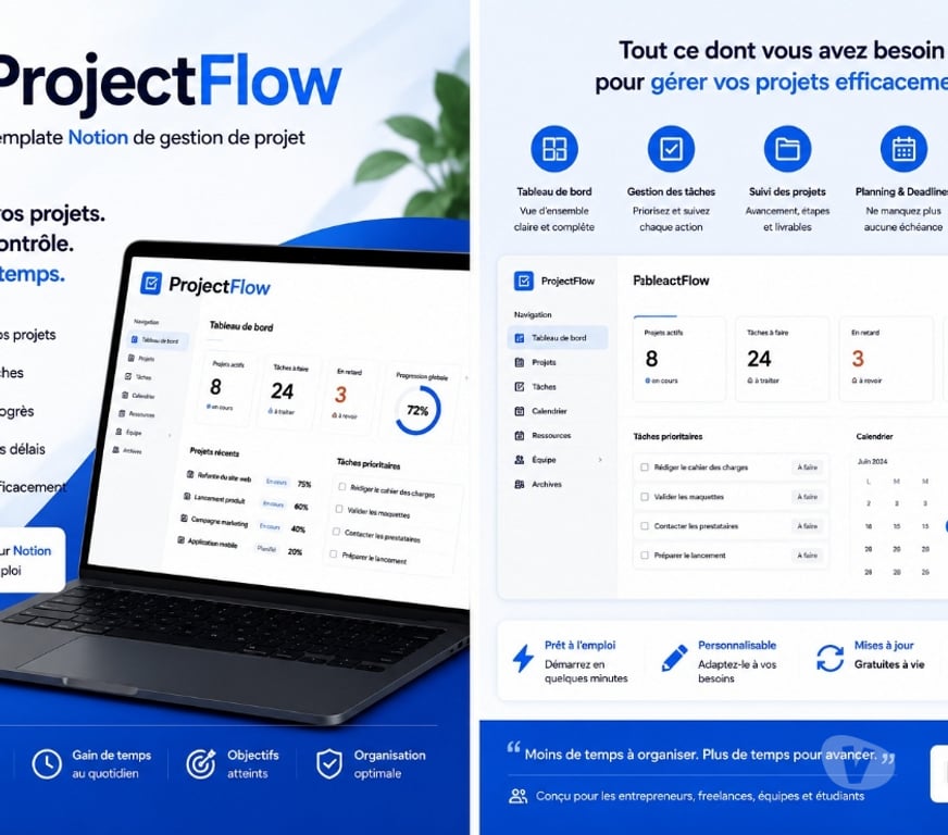 Informatique Gironde Bordeaux - Photos Vivastreet ProjectFlow – Template Notion de gestion de projet-24€
