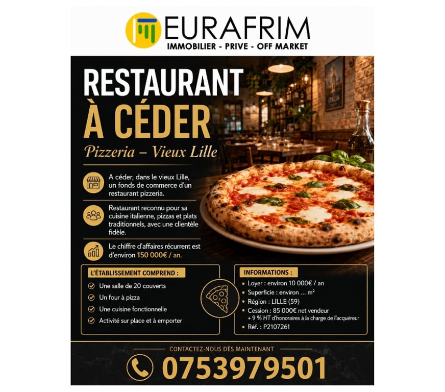 Fond de Commerce a vendre Nord Lille - Photos Vivastreet RESTAURANT PIZZERIA à CEDER dans le VIEUX LILLE (59)