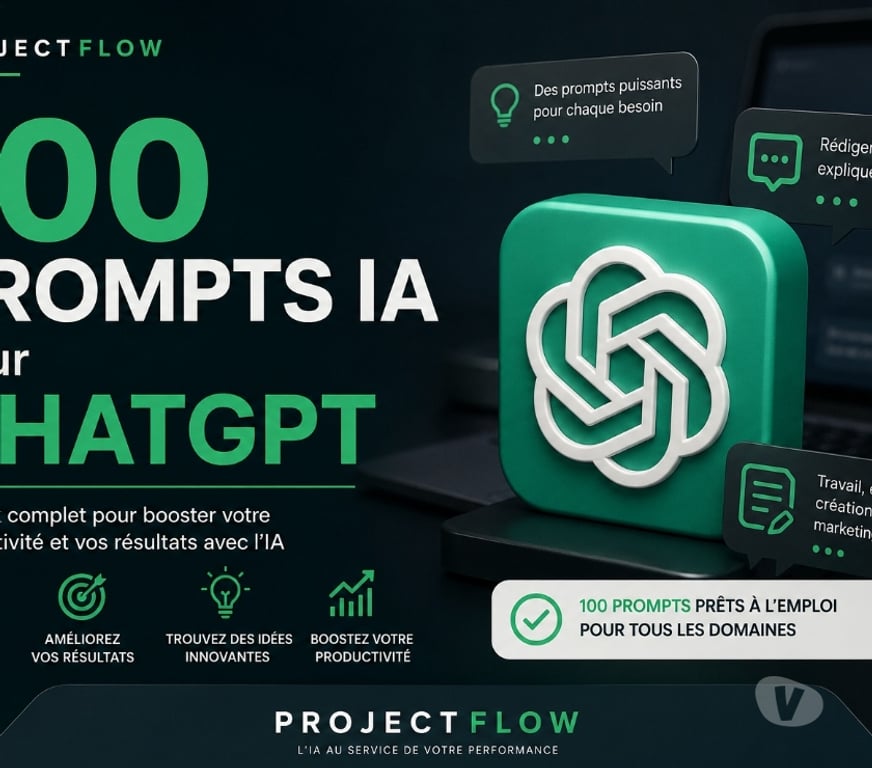 Informatique Doubs Eternoz - Photos Vivastreet ProjectFlow – Pack 100 Prompts IA pour ChatGPT – 19 €