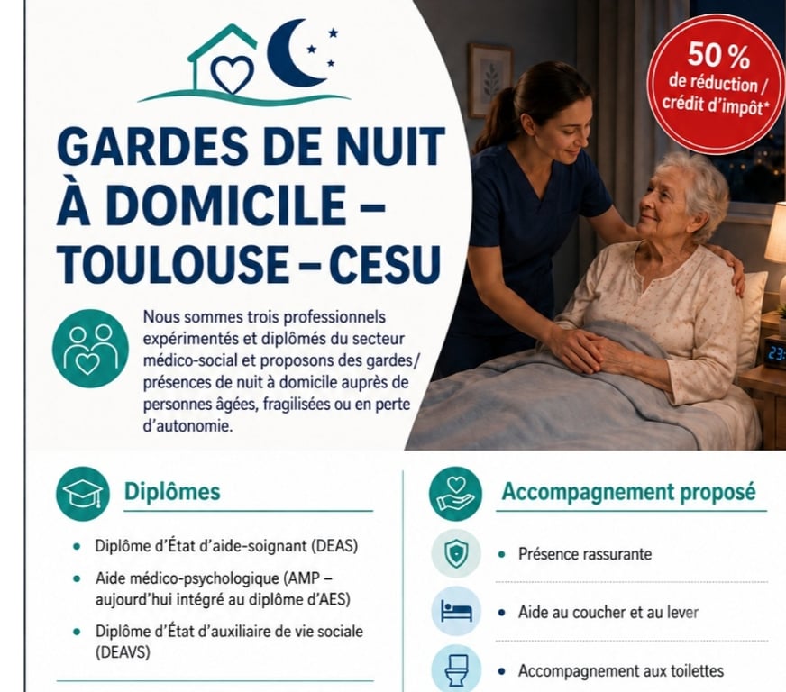 Aides à domicile Haute-Garonne Toulouse - Photos Vivastreet Gardes de nuit à domicile – Toulouse – CESU