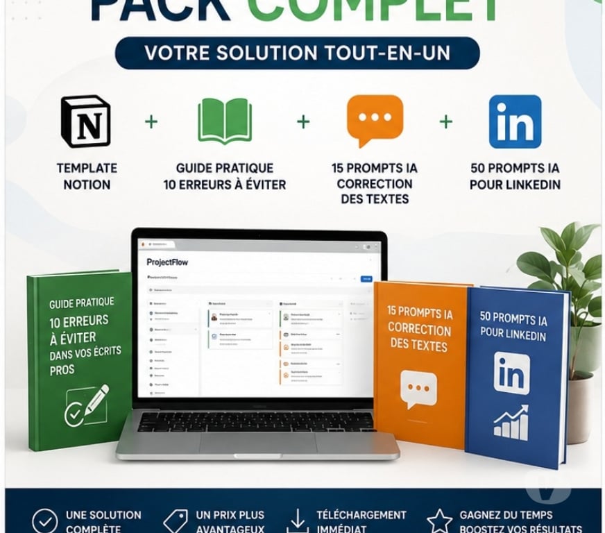 Informatique Gironde Bordeaux - Photos Vivastreet ProjectFlow – Pack 4 produits Guide 15 50 100 prompts IA