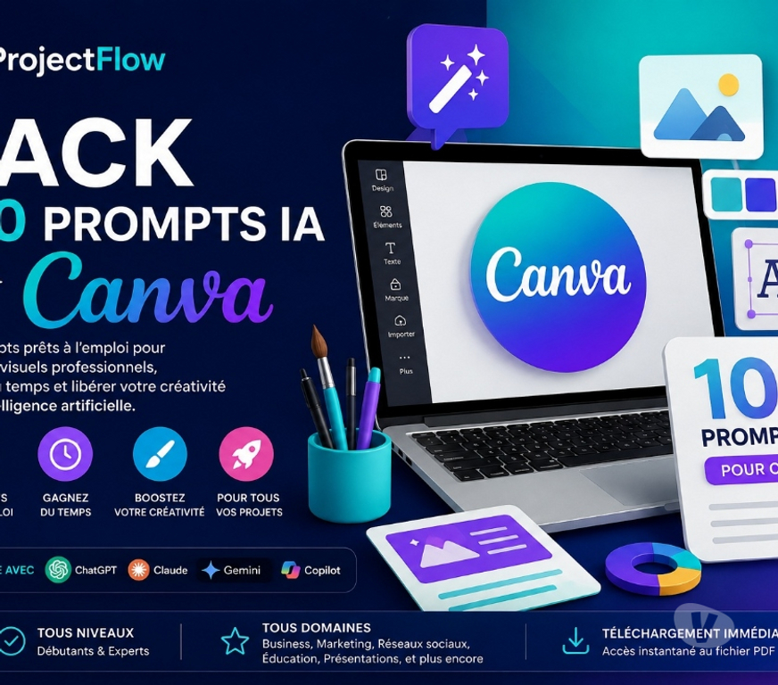 Informatique Gironde Bordeaux - Photos Vivastreet ProjectFlow – Pack 100 Prompts IA pour Canva-17€