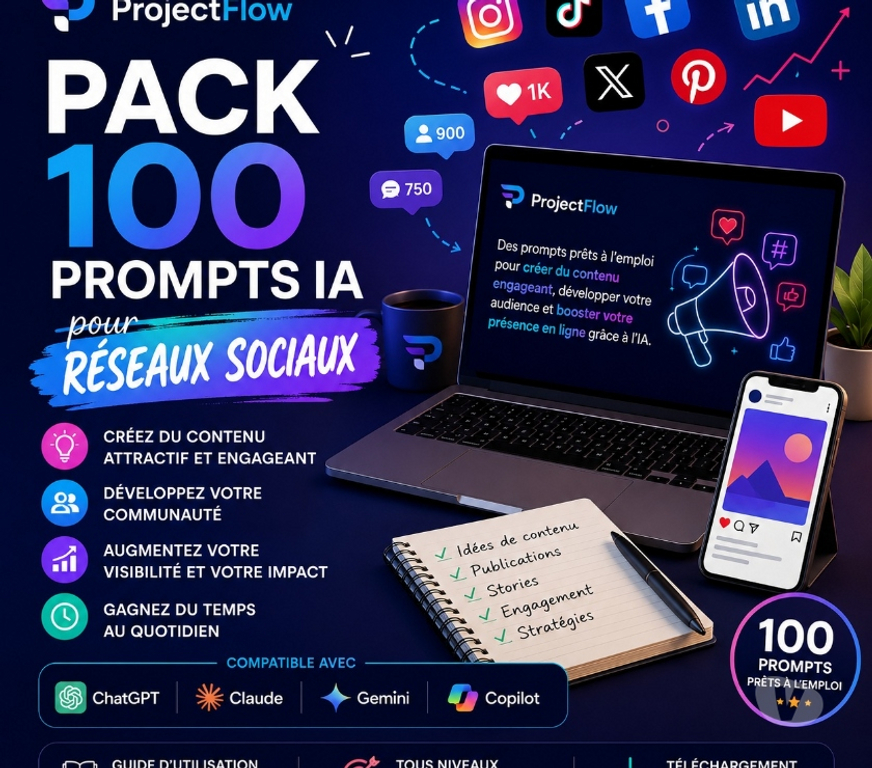 Informatique Gironde Bordeaux - Photos Vivastreet ProjectFlow Pack 100 Prompts IA pour Réseaux sociaux-17€