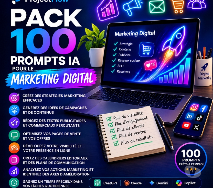 Informatique Gironde Bordeaux - Photos Vivastreet PROJECTFLOW-Pack 100 Prompts IA Marketing Digital -21€