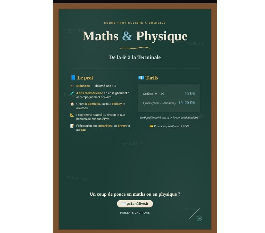 Soutiens scolaires Yvelines Poissy - 78300 - Photos Vivastreet Cours particuliers Maths & Physique - Collège Lycée