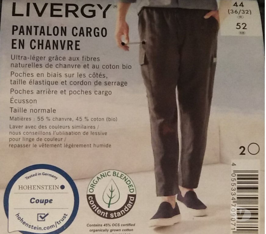 Vêtements occasion Rhône Lyon - Photos Vivastreet Pantalon cargo en chanvre (gris), T44 XL, neuf