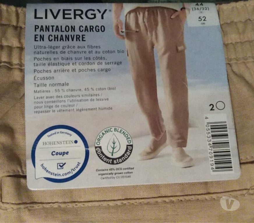 Vêtements occasion Rhône Lyon - Photos Vivastreet Pantalon cargo en chanvre (beige), T44 XL, neuf