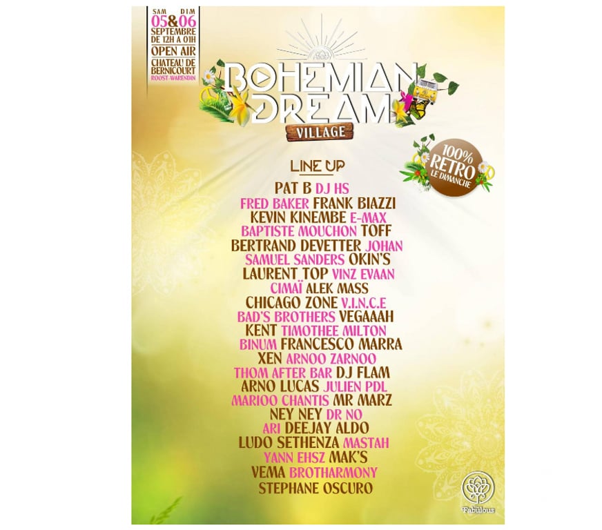 Spectacles Nord Roost Warendin - 59286 - Photos Vivastreet 2 x 2 places pour Bohemian Dream Village samedi 5 septembre