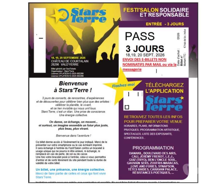Spectacles Eure-et-Loir Courtalain - 28290 - Photos Vivastreet 4 pass 3 jours pour le festival Stars'Terre Festi'Salon