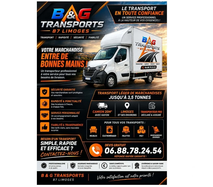 Déménageurs Haute-Vienne St Yrieix la Perche - 87500 - Photos Vivastreet B&G TRANSPORTS marchandises 3,5t