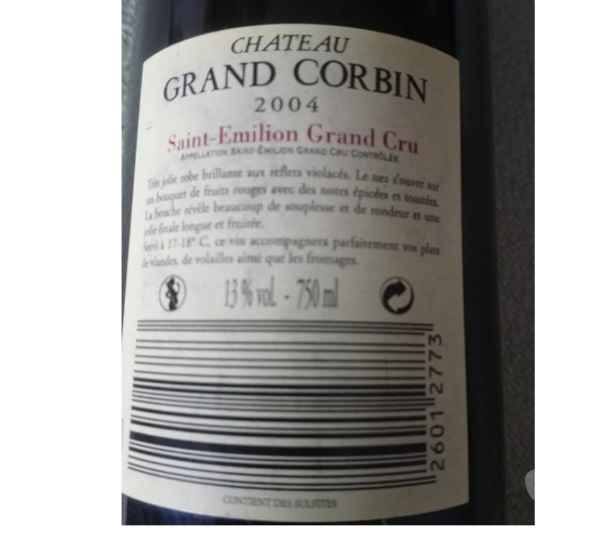 Vins - Gastronomie Seine-Saint-Denis La Courneuve - 93120 - Photos Vivastreet Château Grand Corbin Grand Cru Classé 2004